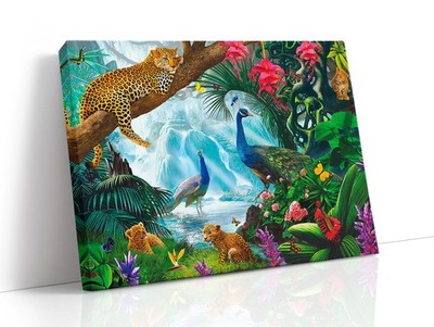 canvas art print giclée or poster or pillow. leopards peacocks  tropical forest