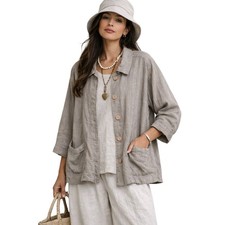 FLAX Linen Button Front Jacket Boxy Lagenlook Natural Taupe 2G