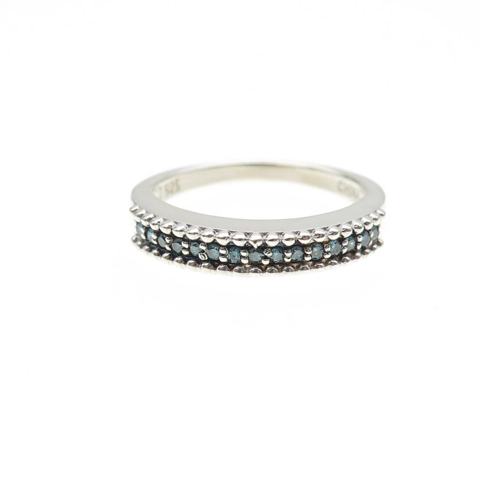 925 Sterling Silver Real Round-Cut Blue Diamond Half Eternity Band Ring Size 8 - Image 3 of 4