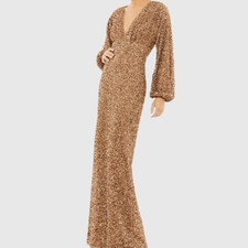 NWT MAC DUGGAL Bronze Sequined Puff Sleeve V Neck Gown Sz 8 #10791