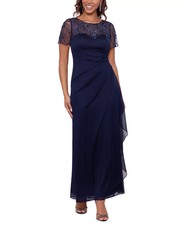 XSCAPE Beaded Mesh Gown Women's 8 Navy Boat Neck Short Sleeve Back Zip Closure