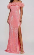 Pear Culture Womens Juniors Pink Sequins Tulle Off-Shoulder Dress Size 13/14