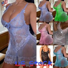 Plus Size Sexy Women's Lingerie G-String Thong Babydoll Set Lace Robe Nightdress
