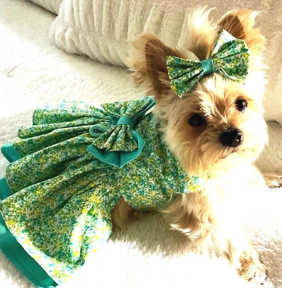 DOG HARNESS DRESS WITH HAIR BOW GREEN  FLORA  NEW HANDMADE  FREE SHIPPING