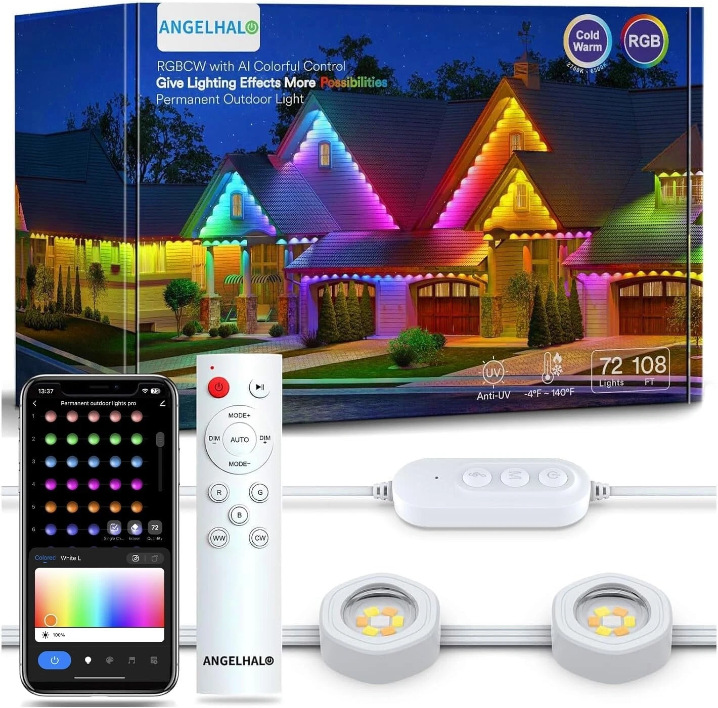 Permanent Outdoor Lights Pro, 100ft with 72 LED Lights for Daily and Accent