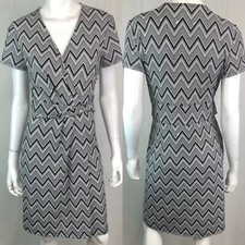Talbots Medium Black White Zigzag Draped Pleated Shift Dress Chevron Geometric