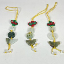 3PC Hand Carved Natural Jade Butterfly Pendant Knotted Cellphone Car Charm Strap