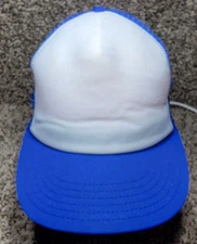 Vintage Trucker Hat Navy Blue Flat Brim with White Yellow Mesh Dome Made In USA