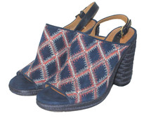 Tory Burch Trinity Sandal Suede/Veg Leather Flame Stitch Mule Open Toe Sz 9.5.