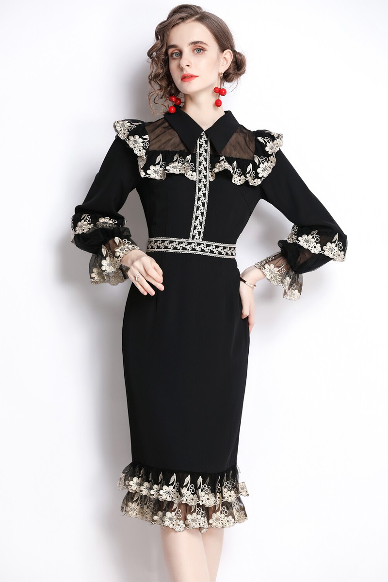 専用☆ Women Long Sleeve Midi Dress Spring Fall Winter Voile Embroidered