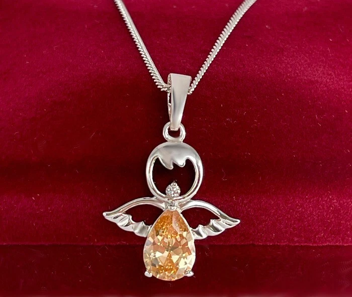 Edel Halskette Engel Herz Anhänger Zirkonia Kristall 18K Weißgold vergoldet - Bild 2 von 4