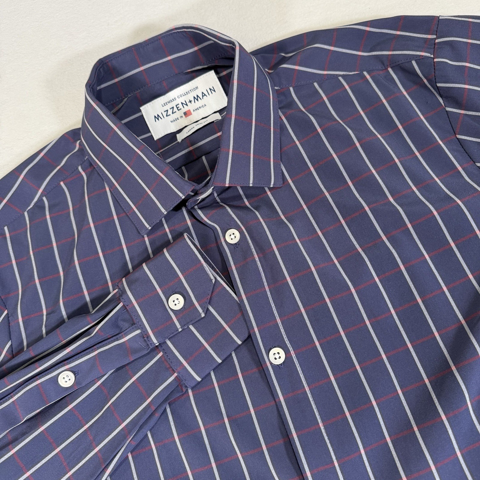 Mizzen+Main Leeward Trim Fit Men’s Large Blue Red Plaid Long Sleeve Shirt