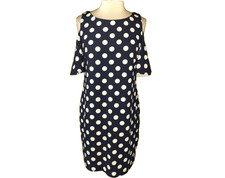 ELIZA J Size 12 Shift Dress Blue White Polka Dots Cold Shoulder Stretch Knit