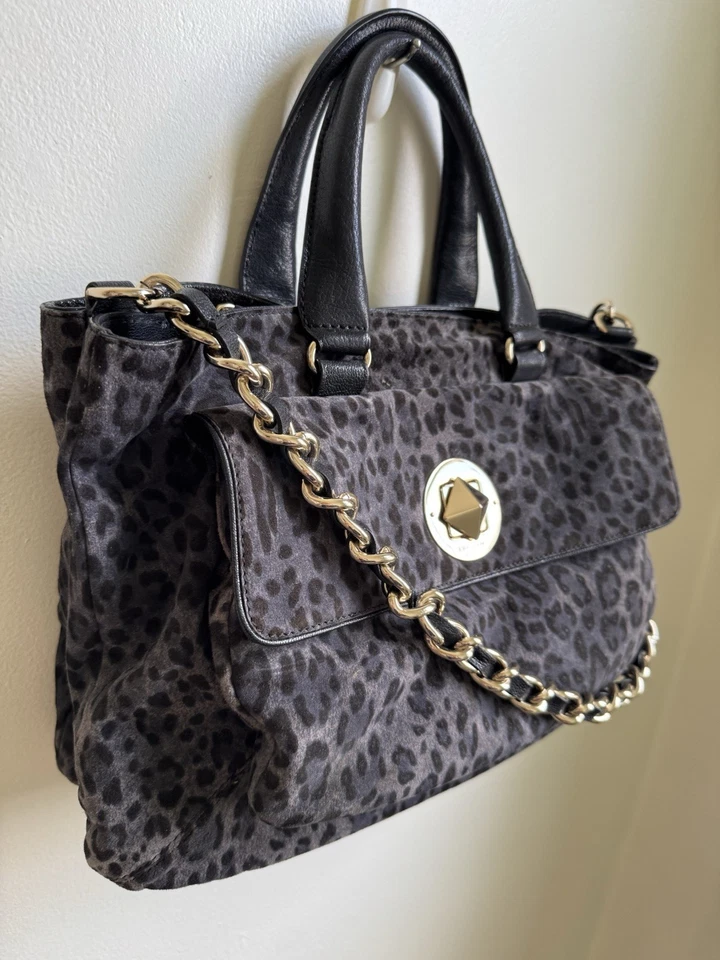 Bolso Cartera Vintage KS Diseñador Estampado Leopardo Gris Oscuro Gamuza Triple Compartimento Foto 2 de 4