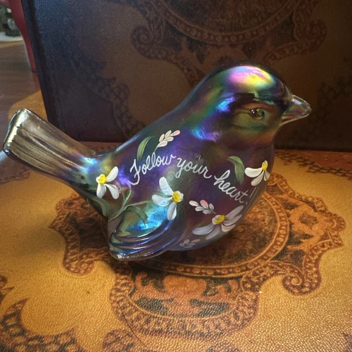 Fenton Iridescent Glass “Follow Your Heart” Hand Painted Bird-signed By Artist