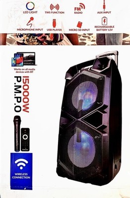 Bluetooth Party Speaker with Wireless Mic, Rechargeable Battery, LED Lights