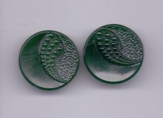 PAIR vintage glass buttons  forest green with Art Deco pattern