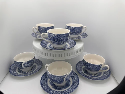 Set of 6 Liberty Blue 1776 BICENTENNIAL Staffordshire England Cup and Saucers