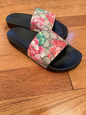 Gucci Women's Floral GG Logo Slide Sandals Slip-On Black/Pink US 8