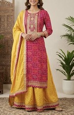 Pink and yellow lehenga 3-Piece Bandhani Set with Skirt & Dupatta - Size 10
