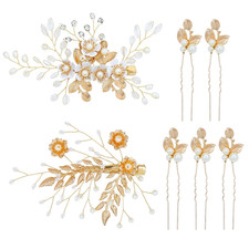 7 Pieces Gold Metal Party Prom Wedding Bridal Pearl Rhinestone Flower Hair Clips