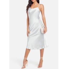 Bebe satin silver slip midi dress medium cowl neck sleeveless