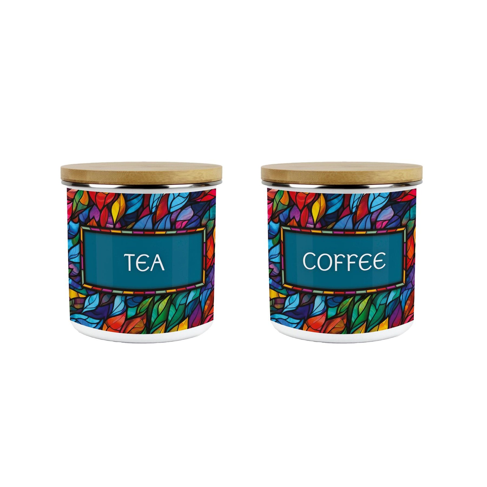 Stained Glass Patterned Tea & Coffee Canister - 600ml Enamel Kitchen Gift