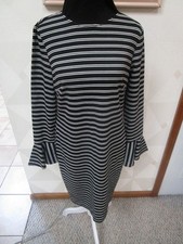 CHAPS-BLACK/WHITE -STRIPE-LONG F LARED SLEEV-E-ROUND NECK-ZIP- DRESS-SIZE-12-NWT