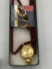 Trifari Earrings, Unmarked Necklace, Gold Tone with Red Amber Beading