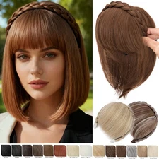 Braided Headband with Long Topper Fringe Thick Bangs Synthetic Hairband Women US