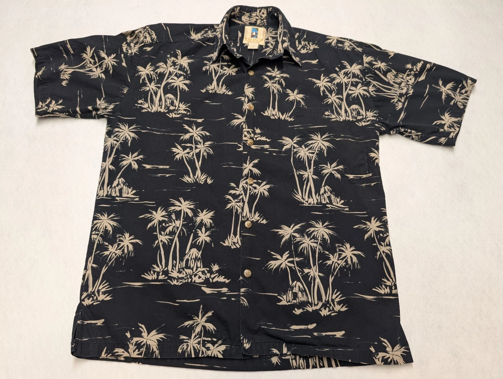 Vintage Kahala Hawaiian Shirt Mens Small Black Palm Tree Print Casual 90s USA