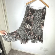 Vintage Brown Patchwork Floral Ruffle Midi Slip Skirt Medium Boho Flowy Eclectic