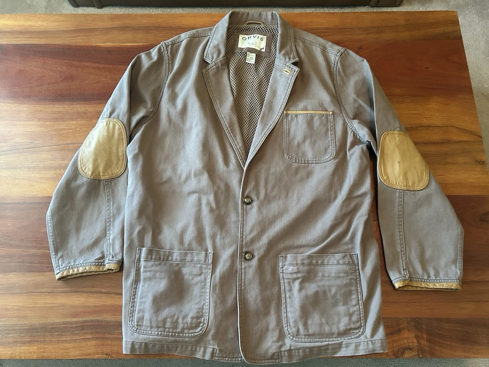 Vintage Orvis Fly Fishing Hunting Jacket Blazer Canvas Leather Men’s Khaki 48T