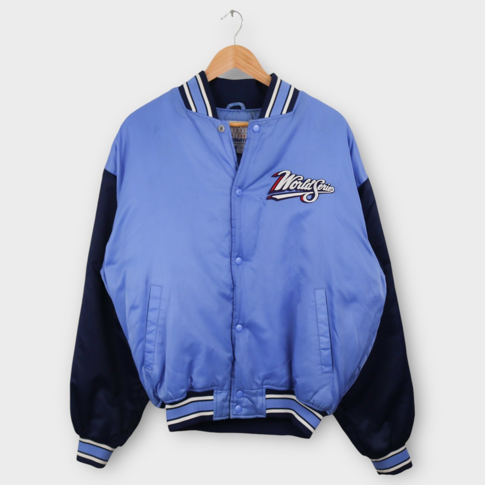 Vintage Starter MLB World Series Jacket Mens Size Medium 1998 Satin Blue Bomber