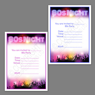 80s Party Invitations 1980s Eighties Night Birthday Invites & Envelopes A6 Pack