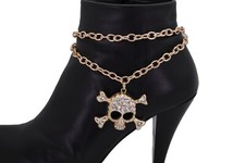 Women Gold Metal Chain Boot Bracelet Shoe Skeleton Skull Charm Wrap Around Strap