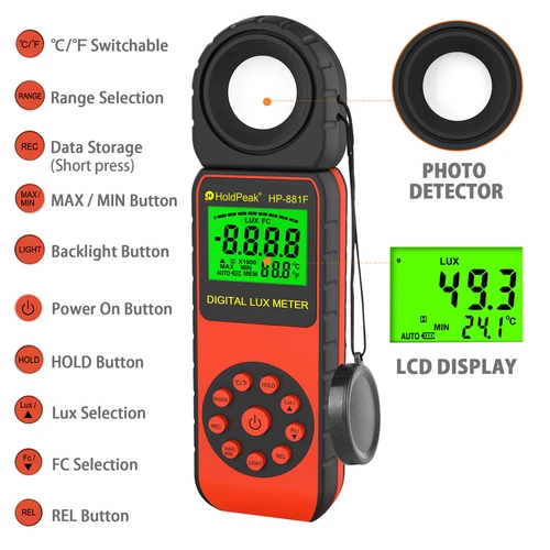 Holdpeak Digital Auto Luxmeter Illuminometer Handheld Light Meter 400,000Lux Tem - Picture 3 of 5