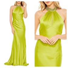 NWT $398 MAC DUGGAL Lime Embellished Halter Neck Satin Mermaid Gown Party Prom