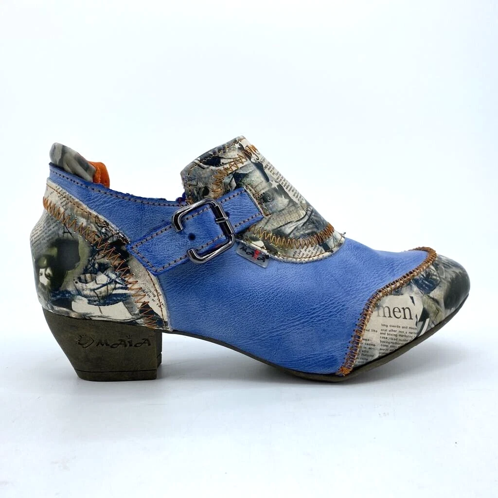 TMA Eyes Womens Maia Shootie Boots Blue Patchwork Newsprint Leather Zip Strap 8