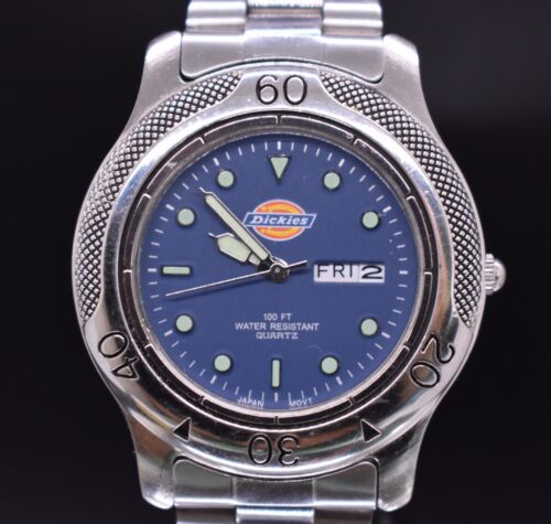 Vtg DICKIES Day Date Watch Men 30m Blue Dial Stainless NEW BATTERY