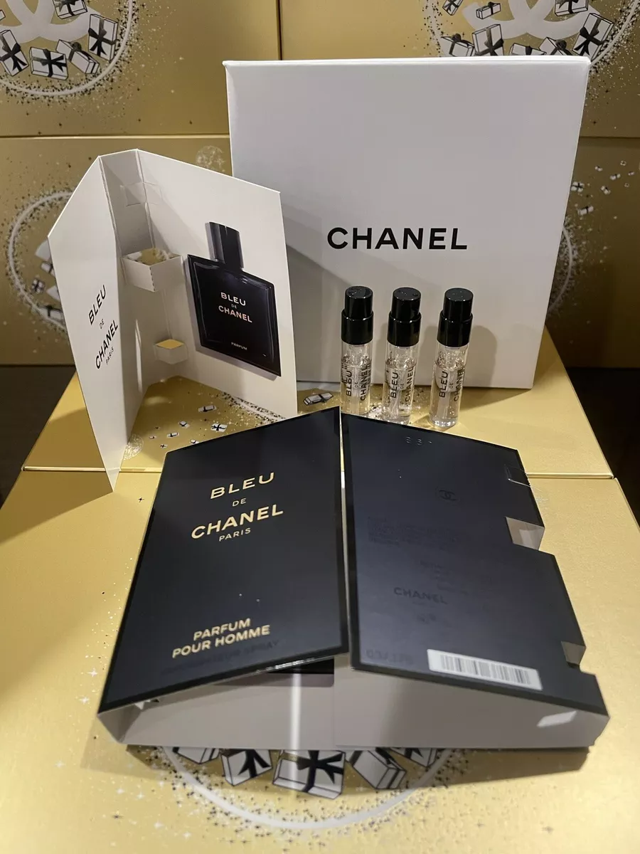 BLEU DE CHANEL EAU DE PARFUM Perfume Sample 1.5ml/.05fl oz x3 + Chanel  Paper Box