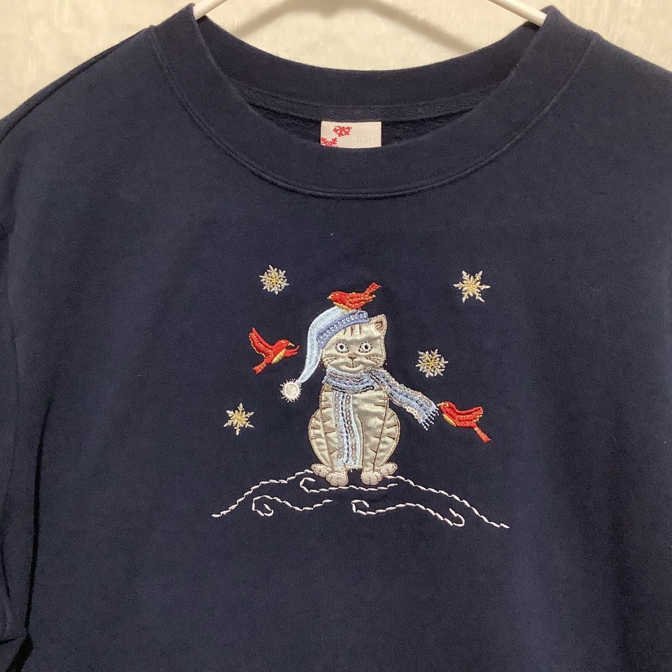 Sudadera Holiday Editions Gato Pájaros Copos de Nieve Bordado Lentejuelas Talla XL Abuela Foto 2 de 4