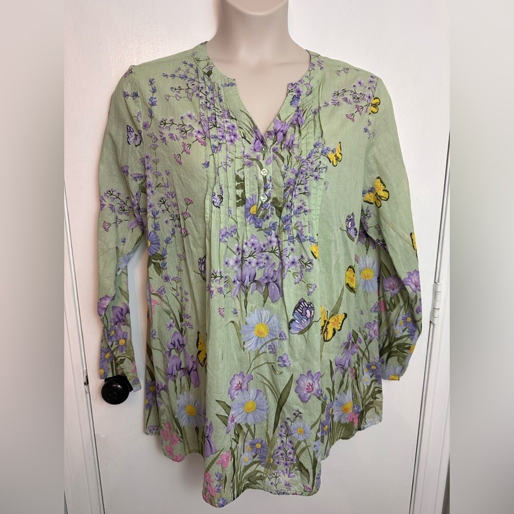 Collections Etc Cotton Womens Flowy XL Green Floral Butterfly 3/4 Sleeve #1582