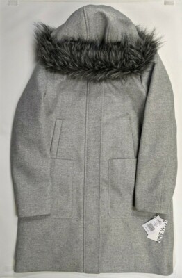 Women's Nine West Hooded FauxFur Trim Wool Blend Coat [Large, Light Grey,  U1181]