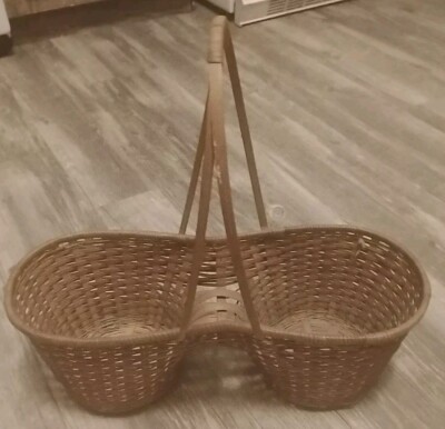 Wooden Woven Dual Sided Two Slot Vintage Basket with Handle
