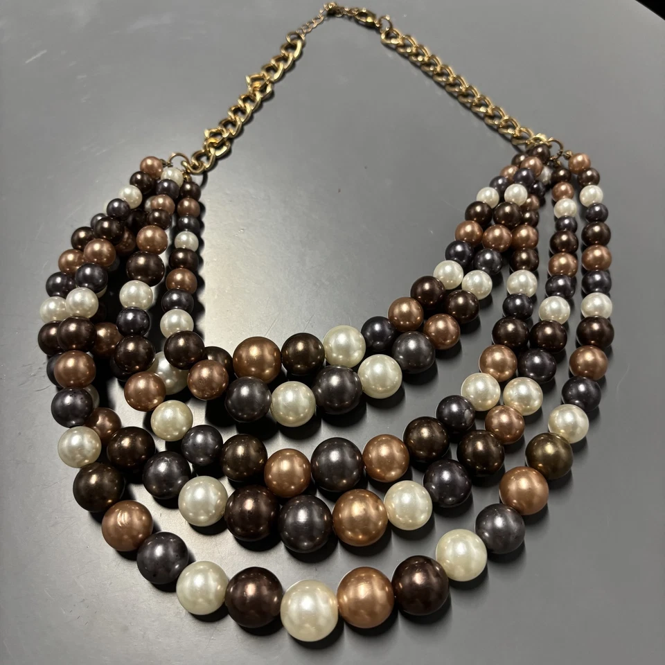 Collar de perlas de imitación de varias hebras joyería marrón bronce crema cadena de oro Foto 4 de 4