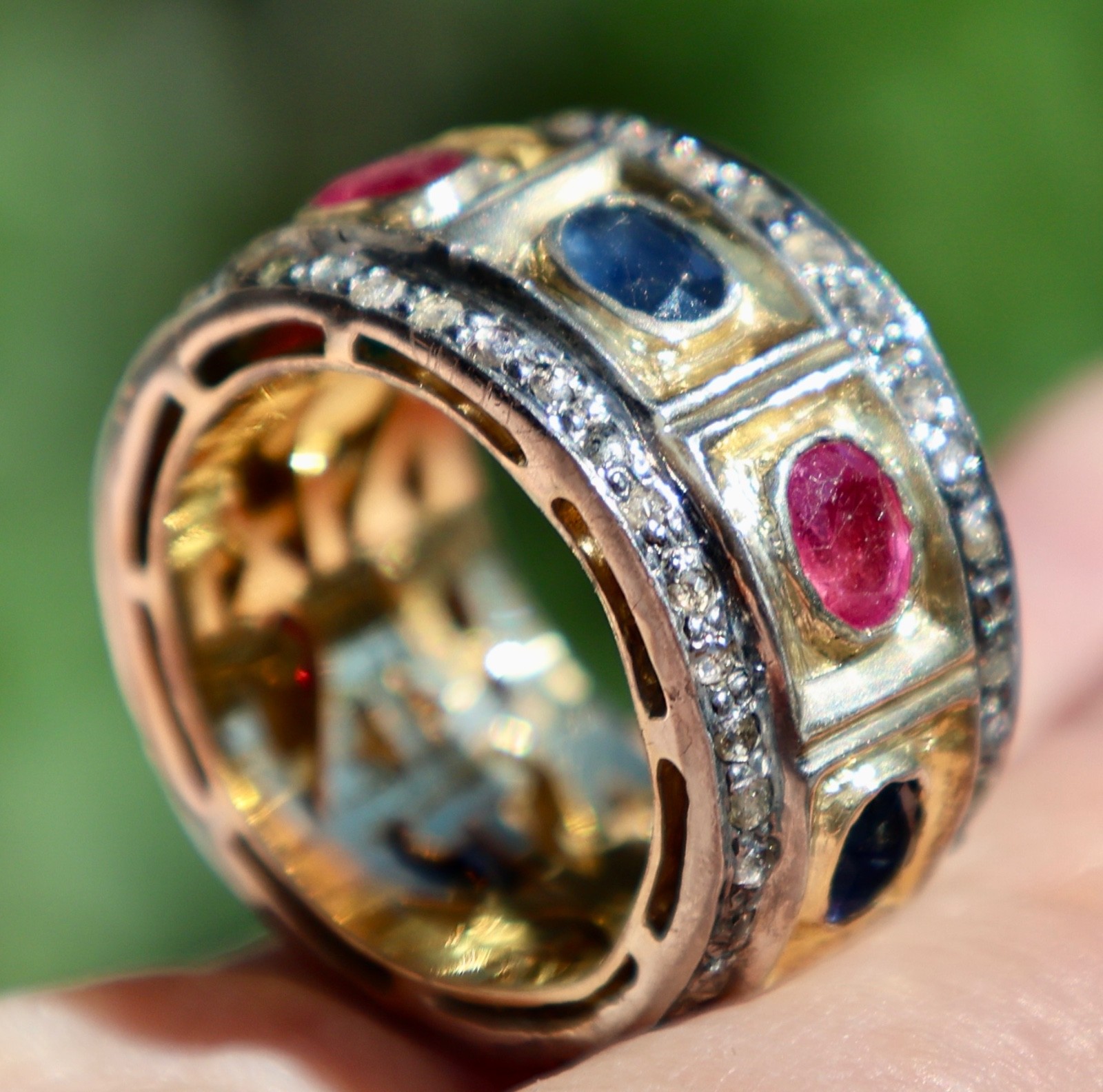 SOLID GOLD & SILVER NATURAL RUBY SAPPHIRE DIAMOND… - image 1
