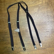 Womens Suspenders Black Elastic With Pearl Brooch Clip On Androgynous Style OSFA