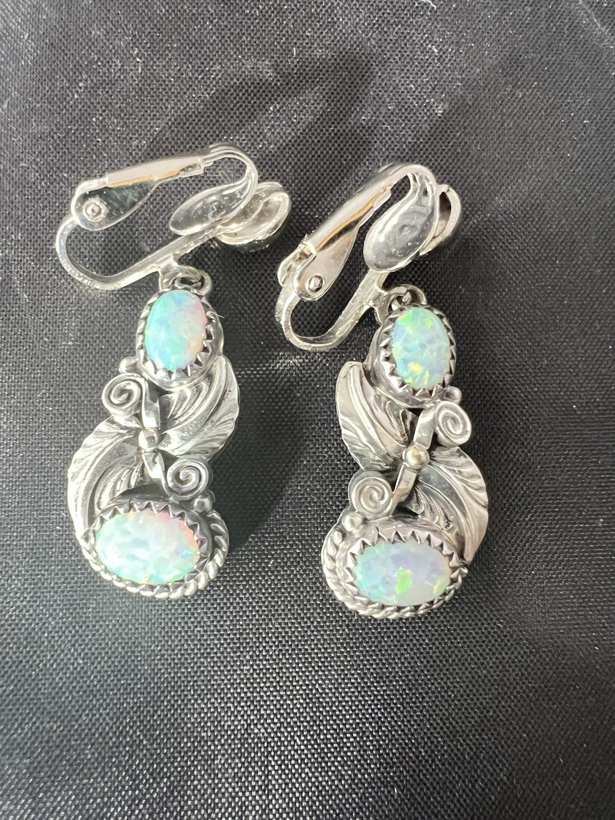 Sterling Silver 925 Opal Leaf Dangle Earrings Cli… - image 1
