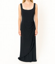 Alex Evenings Black Maxi Dress Rhinestone Neck Drape Side Slit Classic Size 16